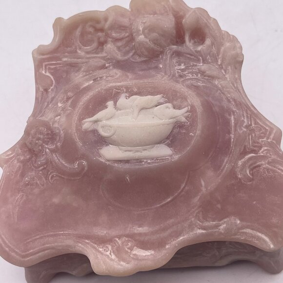 Vintage Genuine INCOLAY STONE Jewelry Trinket Box Pink Birds Bath 4.5" A9 - Picture 13 of 13